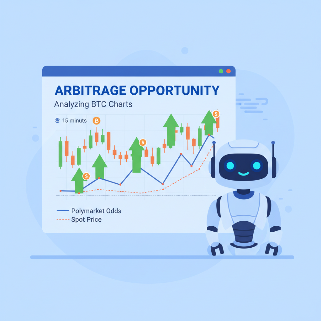 AI bot analyzing BTC charts for arbitrage, 15-min candlesticks, Polymarket odds vs spot price graph, green profit arrows