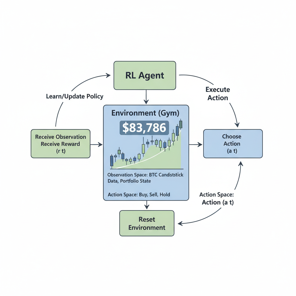 technical diagram of RL gym environment flowchart with BTC candlestick chart at $83,786 price level