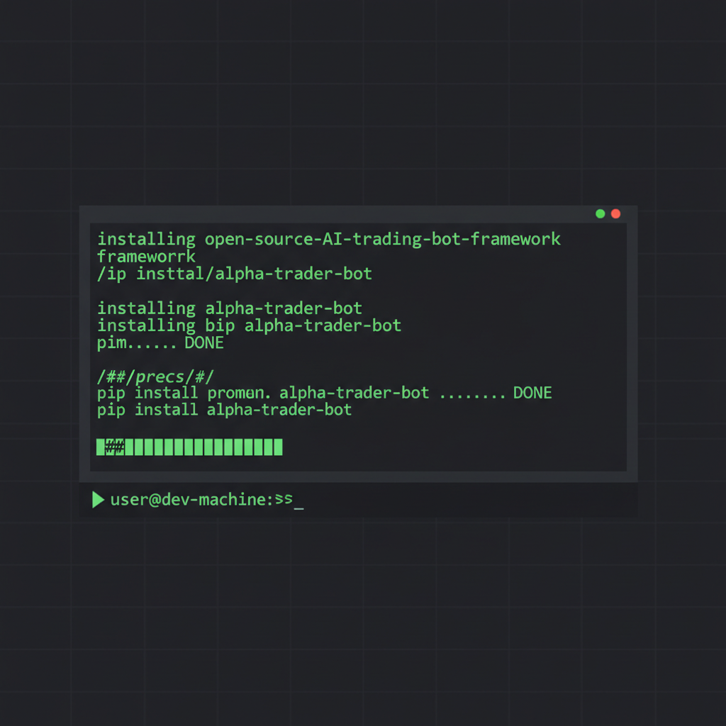 command line terminal installing open source AI trading bot framework, code scrolling green text, dark background hacker style