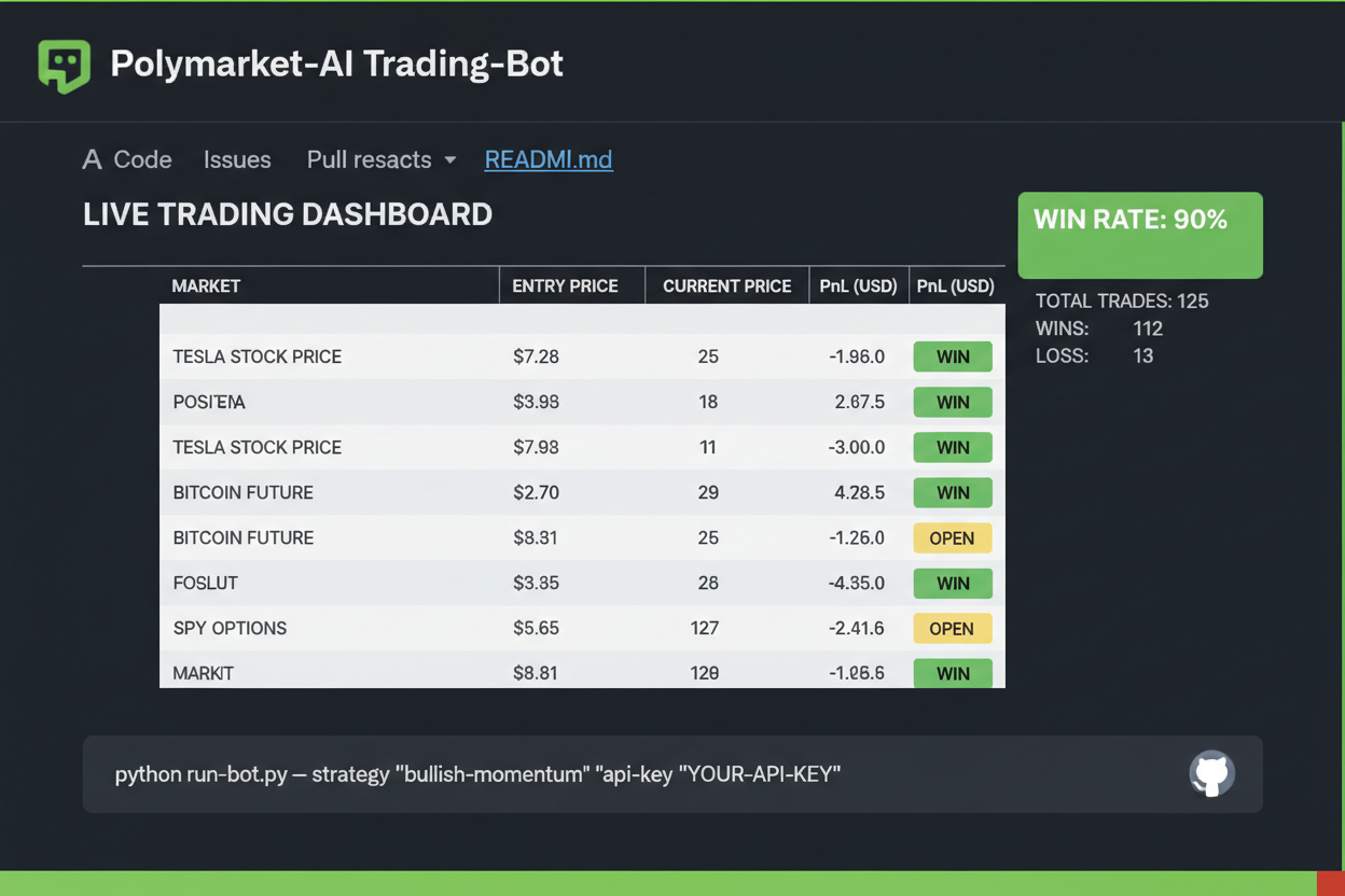 Dynamic screenshot of Polymarket AI trading bot dashboard interface displaying live automated trades, real-time metrics, and impressive 90% win rate statistics for GitHub repos like jazzband/polymarket-trading-bot