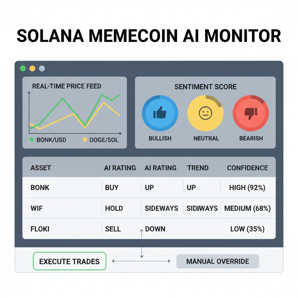 live ai trading dashboard monitoring solana memecoins, real-time sentiment gauges