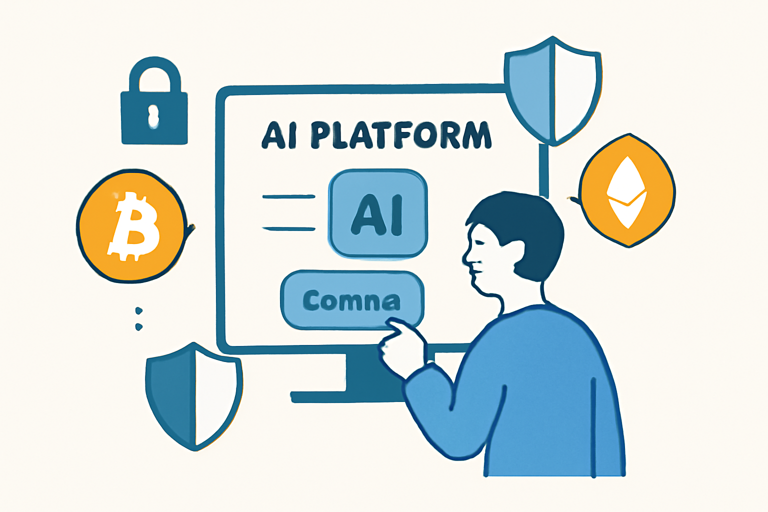 A user connecting crypto exchange accounts to an AI platform interface, with security icons like locks and shield.