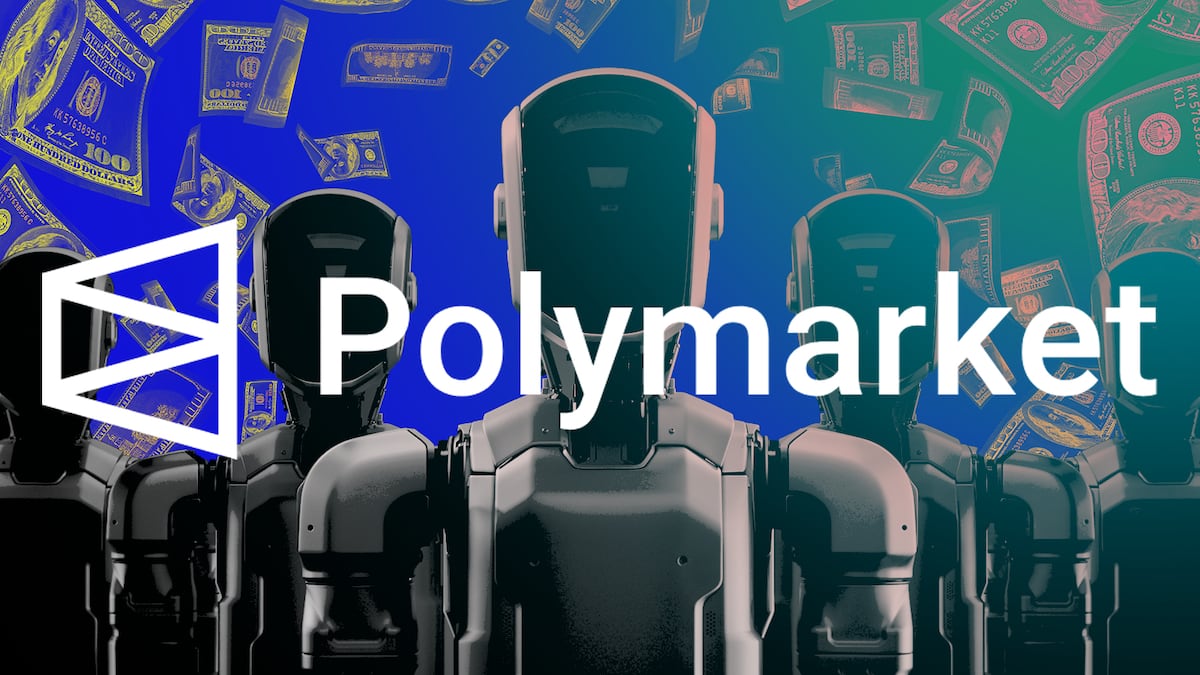 Futuristic AI trading bots executing high-speed arbitrage on Polymarket prediction markets, digital crypto automation concept
