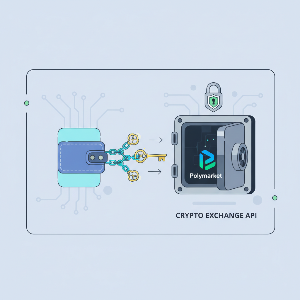 digital wallet connecting to crypto exchange API, keys and chains glowing, Polymarket logo, secure vault interface