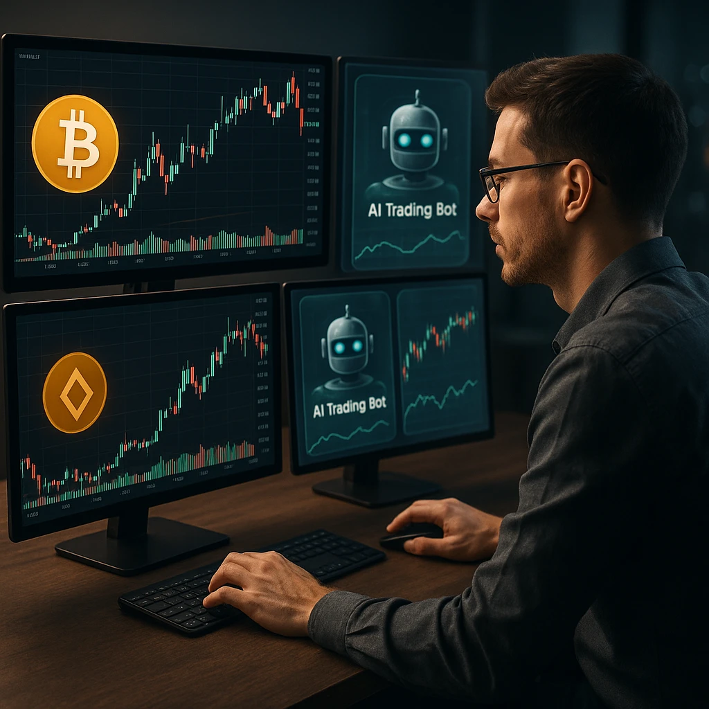 Futuristic AI-powered dashboard visualizing autonomous agents managing a diverse cryptocurrency portfolio in 2025 DeFi environment