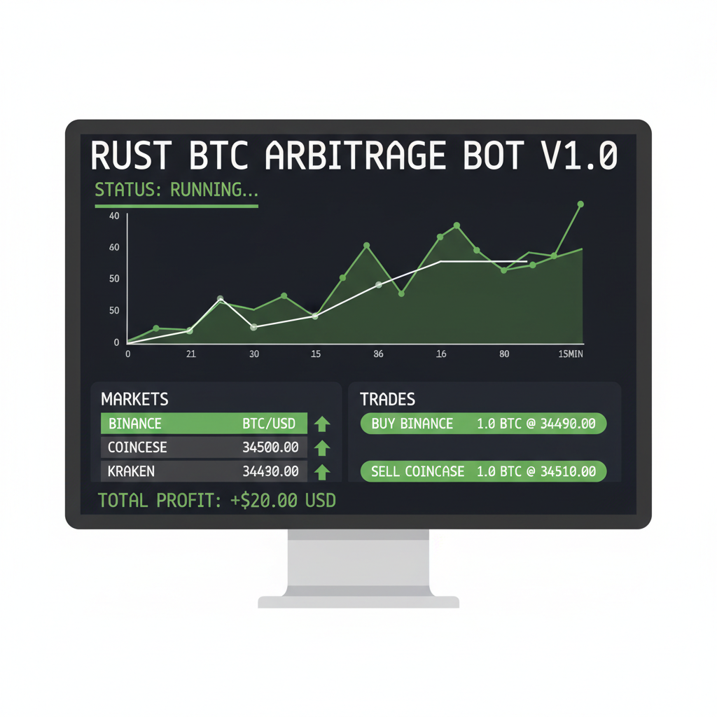 terminal running rust bot btc chart 15min markets arbitrage trades green profits