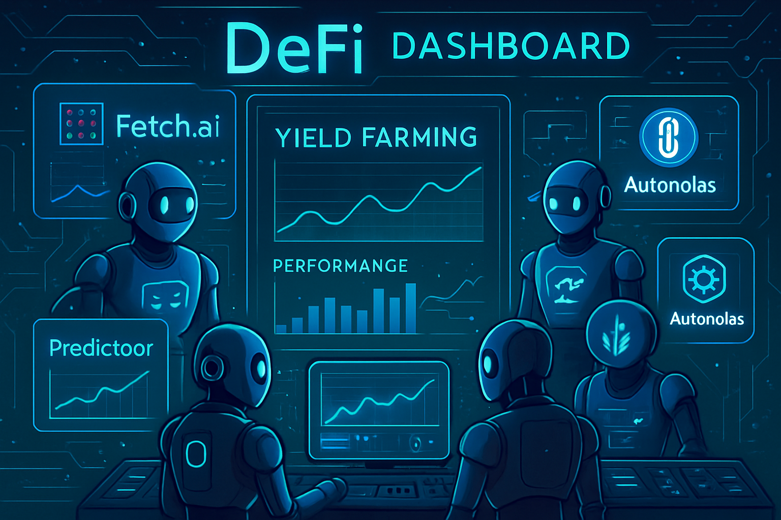 Futuristic DeFi dashboard displaying top AI trading bots—Fetch.ai, Yearn V3, Predictoor, Autonolas, and Harvest Finance—optimizing automated yield farming strategies in 2025.
