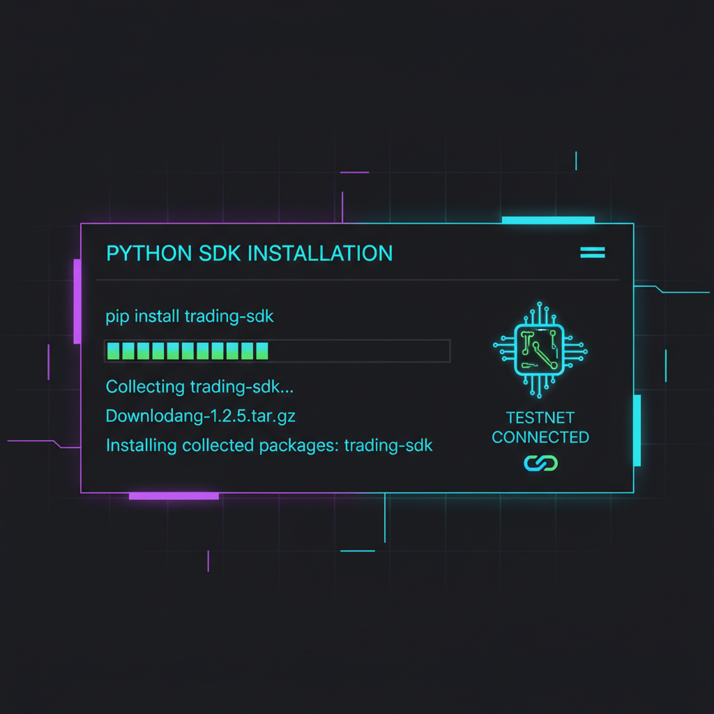 Python terminal installing trading SDK, glowing testnet connection icon, dark cyberpunk theme