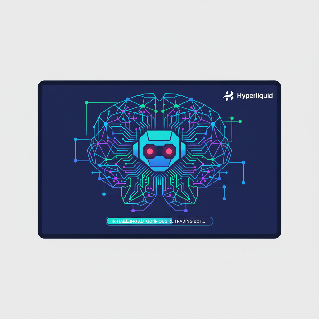 Autonomous RL trading bot initializing on screen, neural networks glowing, Hyperliquid logo