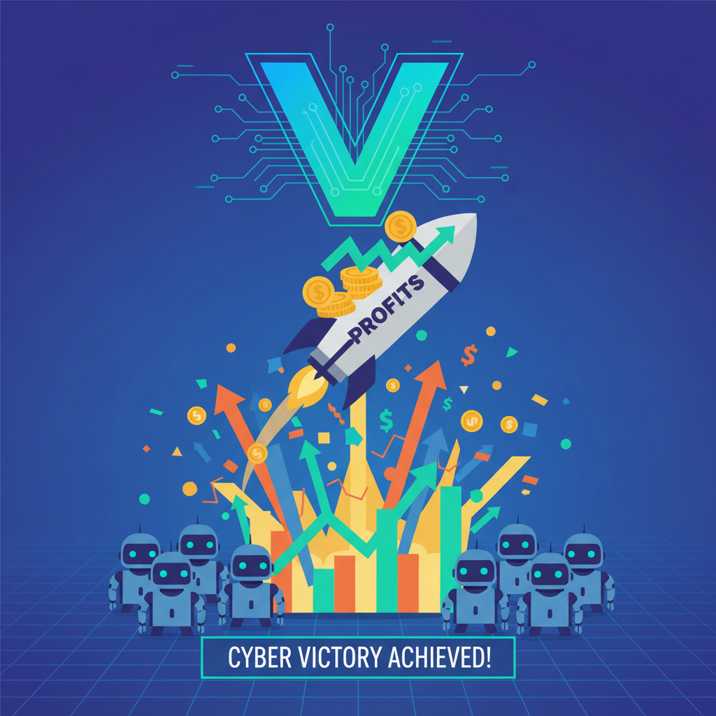 bot army launching profits rocket, Polymarket charts exploding with gains, motivational cyber victory scene