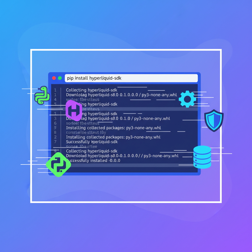 pip install command scrolling in terminal installing hyperliquid sdk, package icons flying in, dynamic speed lines