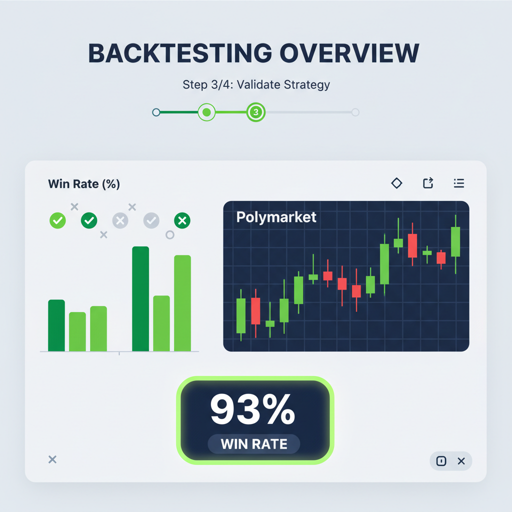 Backtesting dashboard with green win rate charts, Polymarket candles, 93% badge highlighted