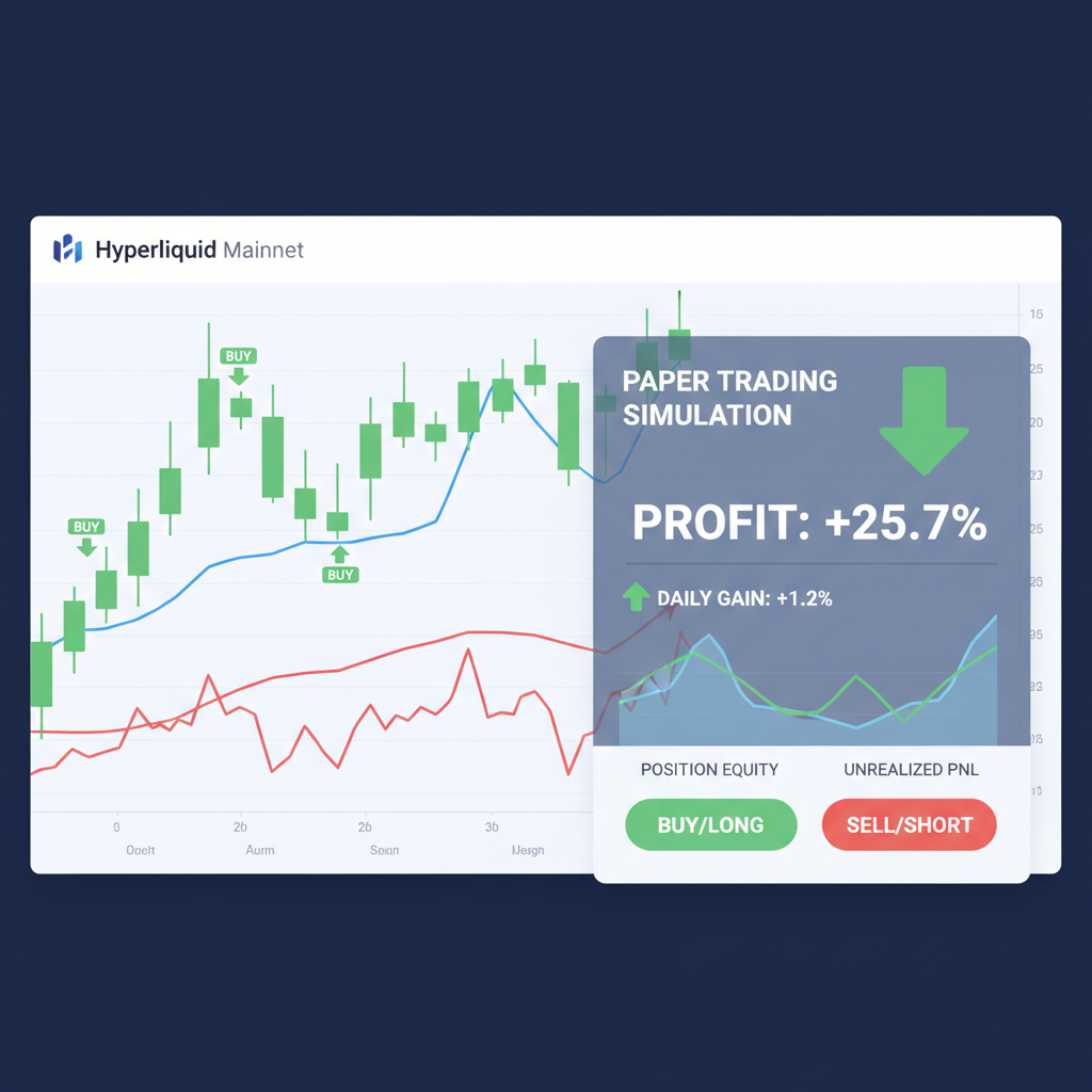 trading chart with paper trading simulation overlay on Hyperliquid mainnet, green profit arrows, dynamic graphs