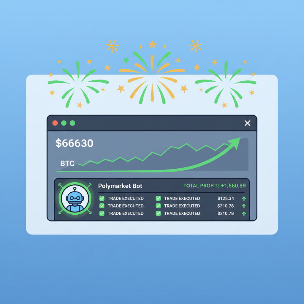 live trading dashboard with green profit ticks, Polymarket bot executing trades, BTC price $66630 chart zooming, success fireworks