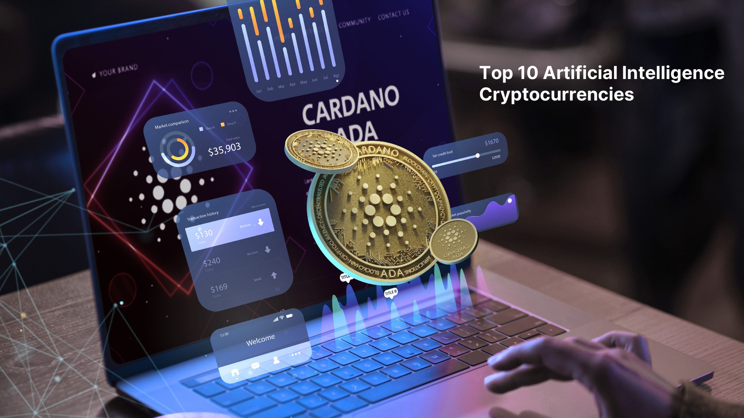 Developer working on laptop with abstract crypto charts and AI network visualizations in background, illustrating multi-chain AI crypto trading agent development
