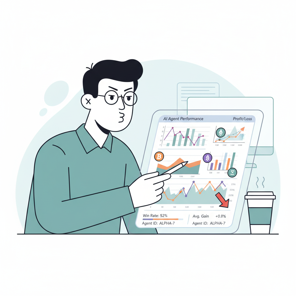 analyst reviewing ai agent performance metrics on crypto charts, skeptical expression