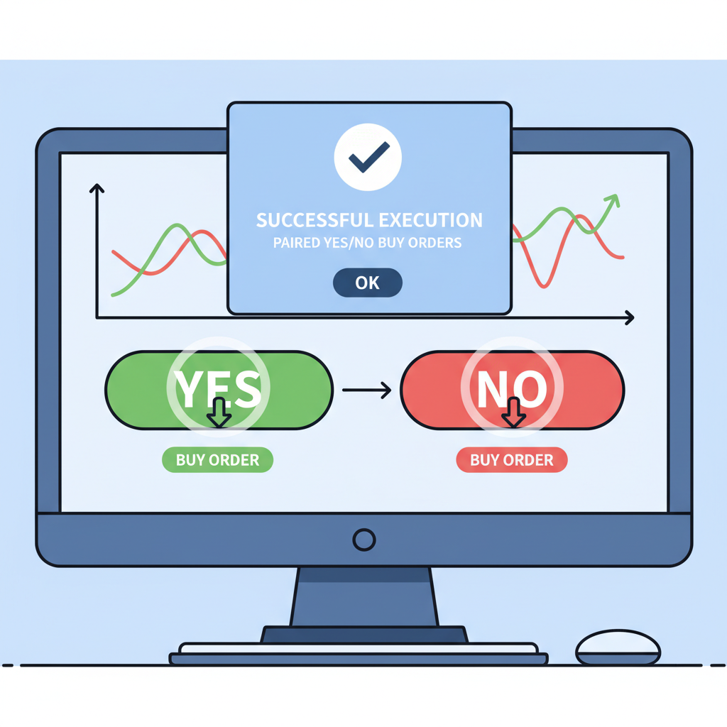 trading bot executing paired YES/NO buy orders, success confirmation popup