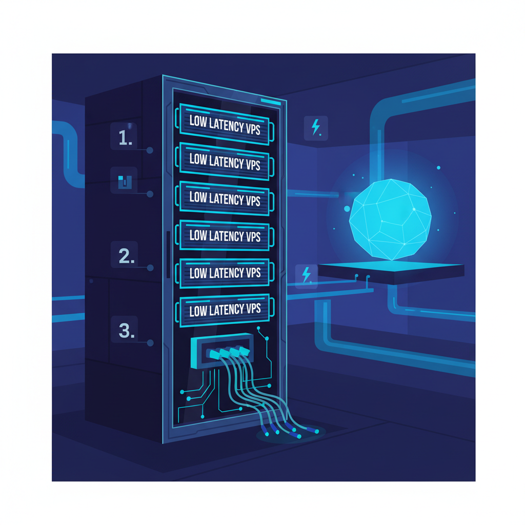 sleek server rack in futuristic data center, glowing blue lights, low latency VPS setup, cyberpunk style