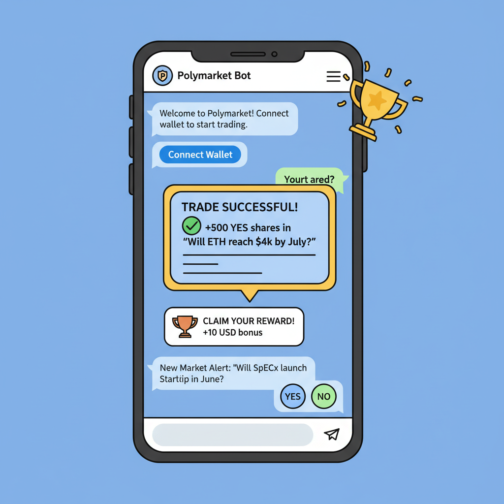 Telegram chat with Polymarket bot interface, trade notifications popping up, success trophies