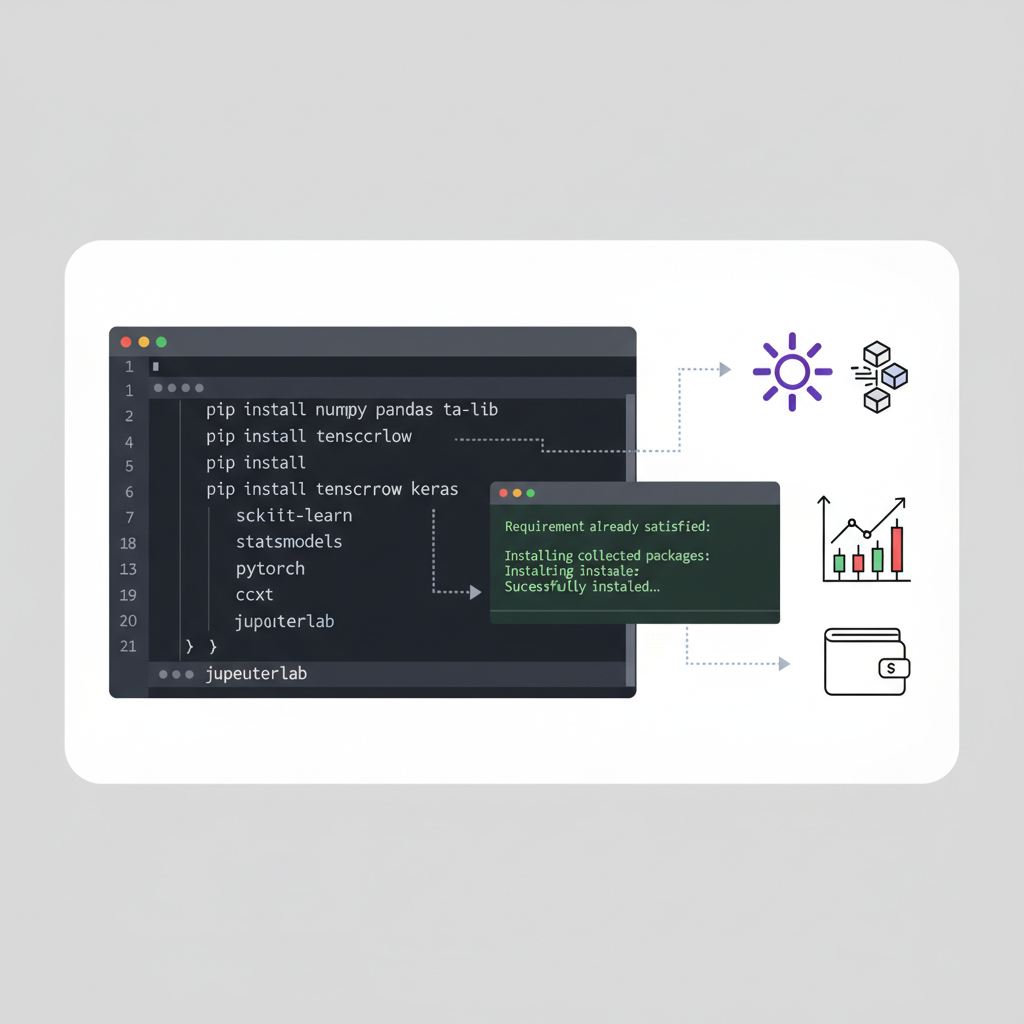 python pip install dependencies for ai trading bot, code editor with solana icons