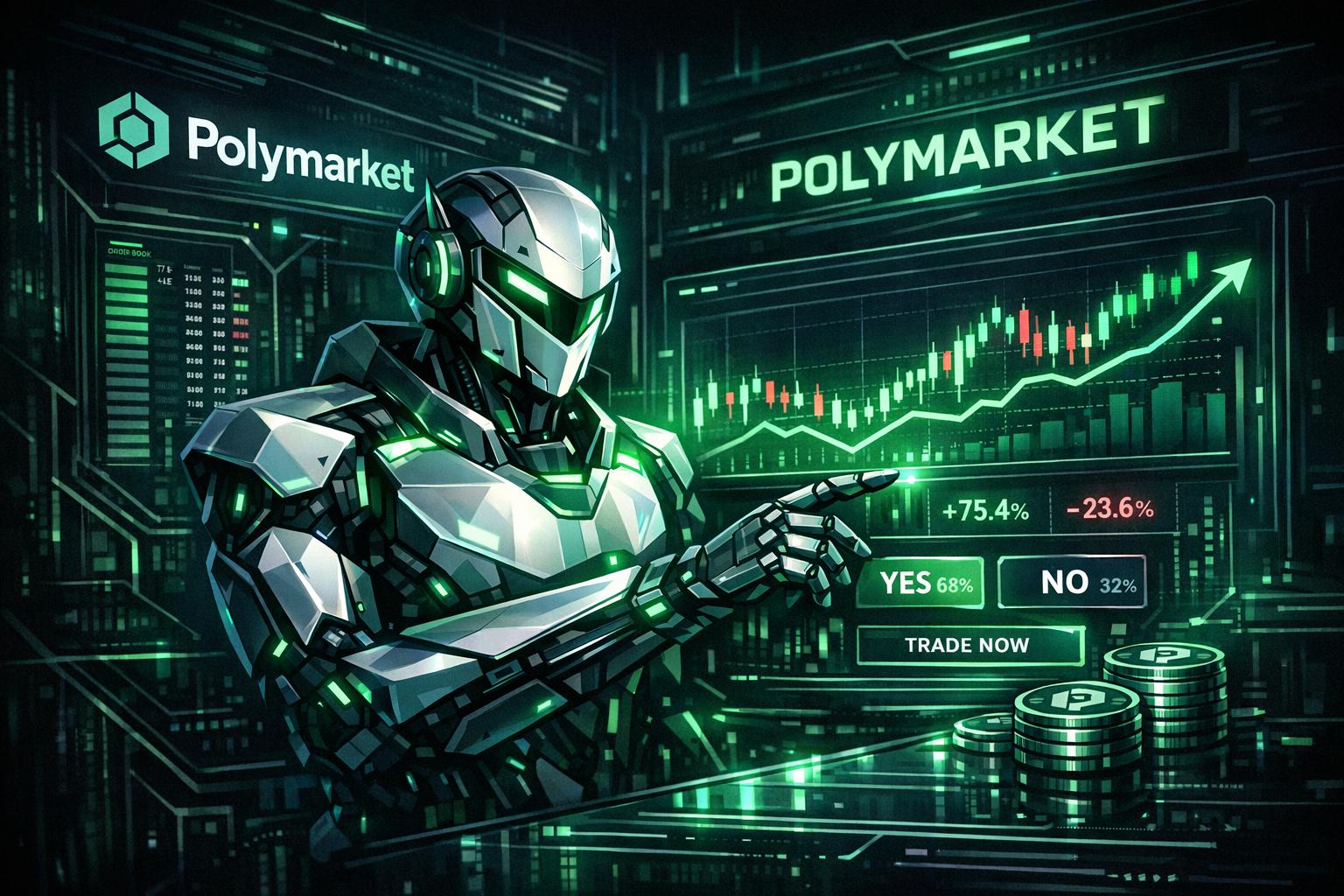Dynamic futuristic visualization of autonomous AI trading bots executing high-speed arbitrage trades on Polymarket prediction markets